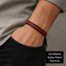 Herşey Nota Vortex Kırmızı Siyah Örgü Deri Erkek Bileklik - Özel Hediye Kutulu