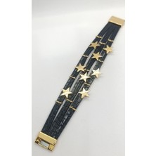 Nd Jewelry Stella Siyah Deri Gold Yıldızlı Mıknatıslı Bileklik (19 cm)