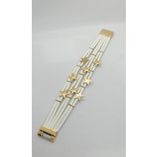 Nd Jewelry Stella Beyaz Deri Gold Yıldızlı Mıknatıslı Bileklik (19 cm)
