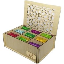Ahşap Akça Ağaç Çay Kutusu 9 Bölmeli Kapaklı Poşet Bitki Çayı Saklama Kabı Tea Box (Çaylar Dahil)