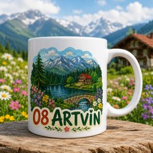 Ajans 313 08 Artvin Temalı Baskılı Kupa Bardak Çiçekli Dağ Evi ve Köprü Manzaralı Tasarım
