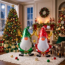 Kuzey Oyuncak Vıp 2 Adet 64 cm Kırmızı Yeşil Noel Cücesi Folyo Balon Yeşil Kırmızı Yılbaşı Cücesi Yılbaşı Balonu