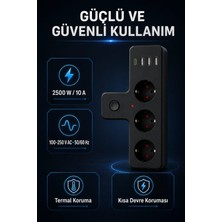 3’lü Topraklı Duvar Tipi Çoklayıcı Priz 2500W – 3 Usb-A + 1 Usb-C, Anahtarlı Şarj Ünitesi