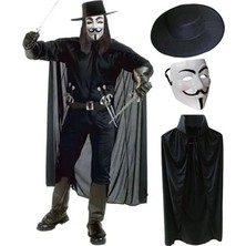 Meks Kostüm Seti V For Vendetta Maskesi Şapkası ve Pelerin Yetişkin Boy