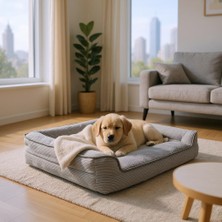 Viscopet Premium Sofa Blok Sungerli Alezli Fermuarlı Yıkanabilir Köpek Yatağı (Large, Gri+Fume)