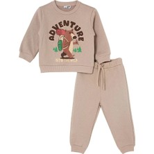 Hellobaby Erkek Bebek Eşofman Takımı Ayı Baskılı Bisiklet Yaka Long Sleeve Ribanalı
