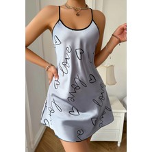 Love Baskılı Gri Saten Gecelik - 3807-8772