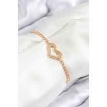 Pirinç Zirkon Taşlı Kalp Model Gold Renk Asansörlü Kadın Bileklik 5886 - 9440-1445