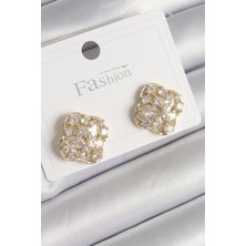 Pirinç Gold Renk Zirkon Taşlı Yonca Model Kadın Küpe 5886 - 2134-7235