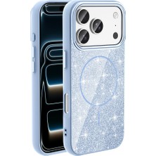 iPhone Uyumlu 18 Pro Max Kılıf M-Safe Şarj Özellikli Parlayan Simli Zore Okso Kapak-Açık Mavi