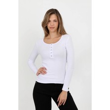 Hdm Kadın Beyaz Uzun Kollu Fitilli Patlı Düğmeli Basic Örme Bluz - H6162