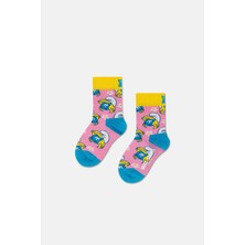 Happy Socks - 2-3 Yaş Açık Pembe Şirine ve Çiçek Desenli Çocuk Pamuklu Çorap
