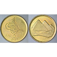Banknoting Mısır 5 Girş 1984 Tuğralı ve Giza Piramitleri Temalı. 23 Mm. Çilaltı.