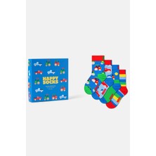 Happy Socks - Mavi 4’lü Traktör ve Kamyon Desenli Çocuk Pamuklu Çorap Seti