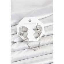 Pirinç Gümüş Renk Yılan Model Zincir Bağlantılı Ear Cuff Küpe Seti 5886 - 1089-3169