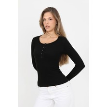 Hdm Kadın Siyah Uzun Kollu Fitilli Patlı Düğmeli Basic Örme Bluz - H6162