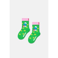 Happy Socks - 4-6 Yaş Şirinler Desenli Yeşil Çocuk Pamuklu Çorap