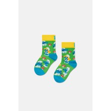 Happy Socks - 7-9 Yaş Yeşil Şirinler ve Mantar Desenli Çocuk Pamuklu Çorap