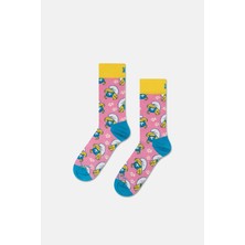 Happy Socks - Açık Pembe Şirine ve Çiçek Desenli Pamuklu Çorap