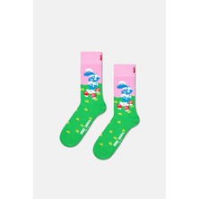 Happy Socks - Yeşil Şirinler Desenli Pamuklu Çorap