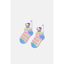 Happy Socks - Beyaz Hello Kitty Çizgili Desenli Çocuk Pamuklu Çorap