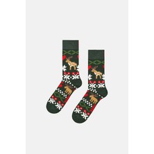 Happy Socks - Koyu Yeşil Ren Geyiği Desenli Pamuklu Çorap
