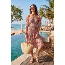 Lela Desenli Oversize Fit Carmen Yaka Büzgü Detaylı Midi Boy Elbise Bayan Elbise 67810557