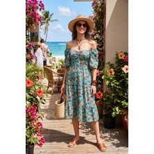 Lela Desenli Oversize Fit Carmen Yaka Büzgü Detaylı Midi Boy Elbise Bayan Elbise 67810557