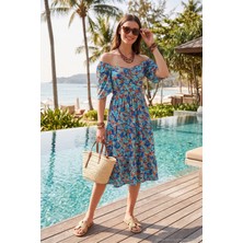 Lela Desenli Oversize Fit Carmen Yaka Büzgü Detaylı Midi Boy Elbise Bayan Elbise 67810557