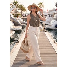 Lela Pamuklu Belden Bağlamalı Yüksek Bel Geniş Paça Cepli Regular Fit Pantolon Bayan Pantolon 668YP4760