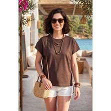 Lela Pamuklu Rahat Kalıp Bisiklet Yaka T Shirt Bayan T Shirt 5866955