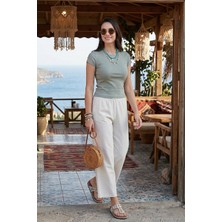 Lela Keten Karışımlı Regular Fit Normal Bel Geniş Paça Pantolon Bayan Pantolon 5866030