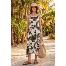 Lela Desenli Oversize Fit Bağlamalı Ip Askılı Yuvarlak Yaka Midi Boy Elbise Bayan Elbise 5869022