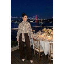Lela Ekoseli Pamuklu Oversize Fit Fular Yakalı Panço Bayan Panço 6925472