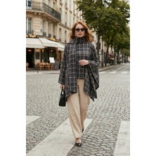 Lela Ekoseli Pamuklu Oversize Fit Fular Yakalı Panço Bayan Panço 6925472