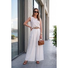 Lela Keten Karışımlı Yüksek Bel Geniş Paça Kemerli Pantolon Kadın Pantolon 68351405