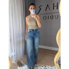 Bahar Koyu Mavi Taş Detaylı Wide Leg Kadın Jean Pantolon