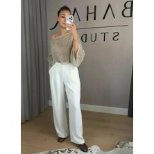 Bahar Ekru Yüksek Bel Pileli Bol Paça Rayon  Pantolon
