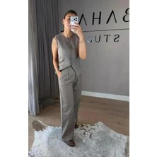 Bahar Orijinal Model Premium Keten Düğme Detaylı Yelek Pantolon Takım - Vizon