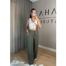 Bahar Haki Renk Beli Lastikli Bol Paça Tensel  Kadın Pantolon