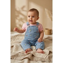 Baby Bu Kız Bebek Çiçek Nakışlı Kot Salopet ve Pembe Fırfırlı Tişört 2'li Takım - %100 Pamuklu Vintage Bahar Seti