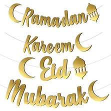 Pandoli Eid Mubarak Ramadan Kareem Yazılı Kaligrafi Altın Renk Ramazan Kağıt Asma Süsü