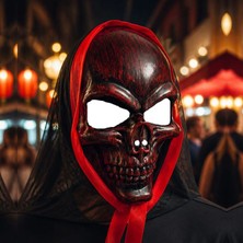 Pandoli Kapüşonlu Eskitme Kırmızı Kahve Renk Iskelet Halloween Maskesi Yetişkin