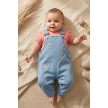Baby Bu Kız Bebek Çiçek Nakışlı Kot Salopet ve Somon Fırfırlı Tişört 2'li Takım - %100 Pamuklu Vintage Bahar Seti