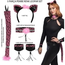 Pandoli Halloween Yetişkin Pembe Renk Leopar Kostüm Seti 5 Parça Taç Boyunluk Kuyruk Kolluk Gösteri