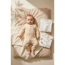 Mıdırık 3'lü Paket Bebek Tulum Seti - %100 Pamuk Fitilli Penye Fermuarlı Tulum Seti - Bej/beyaz Ayıcık, Yıldız ve Kalp Desenli