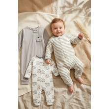 Mıdırık Nube Soft Pamuklu 3'lü Bebek Tulum Seti - Gri & Ekru Hayvan Figürlü Çizgili Desenli Fermuarlı Pijama Takımı