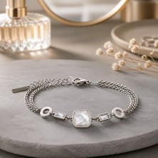 Zefrimo Stainless Steel Detaylı Baget Taşlı Çoklu Zincir Gümüş Renk Çelik Kadın Bileklik