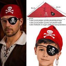 Pandoli Kırmızı Renk Halloween Plastik Korsan Maske Küpe Bandana Seti 3 Parça