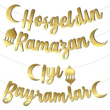 Pandoli Iyi Bayramlar Hoşgeldin Ramazan Yazılı Kaligrafi Altın Renk Kağıt Asma Süsü